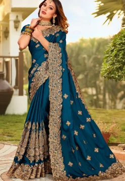 Embroidered Satin Saree in Teal Blue