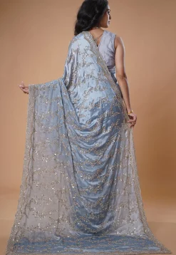 Embroidered Satin Saree in Light Blue