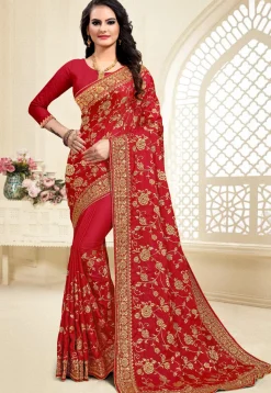 Embroidered Satin Saree in Red