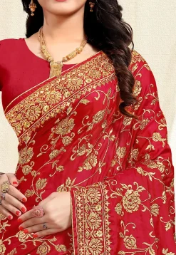 Embroidered Satin Saree in Red
