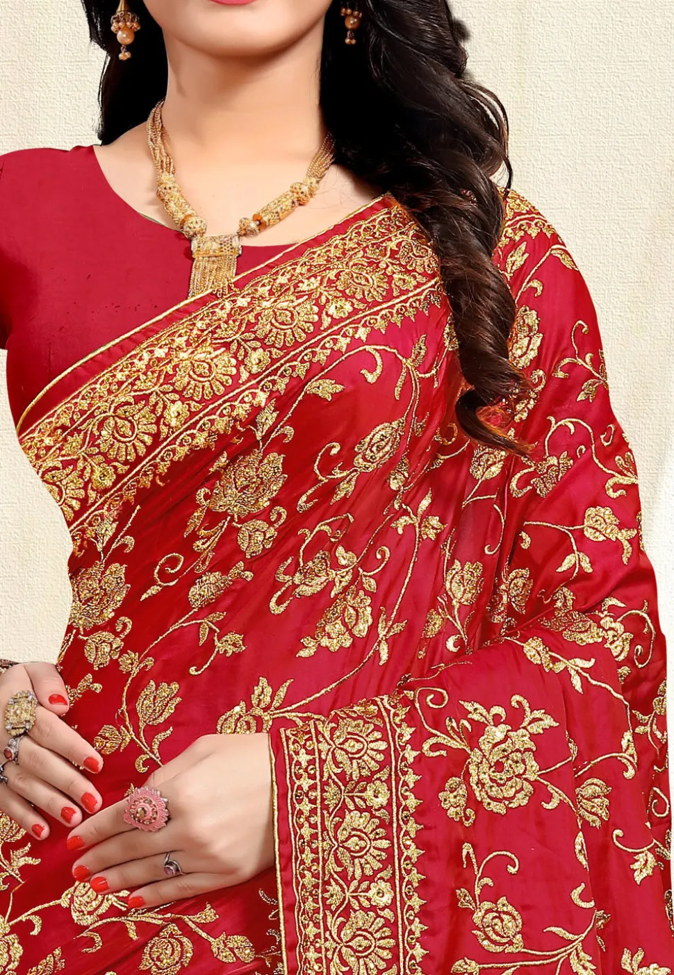 Embroidered Satin Saree in Red