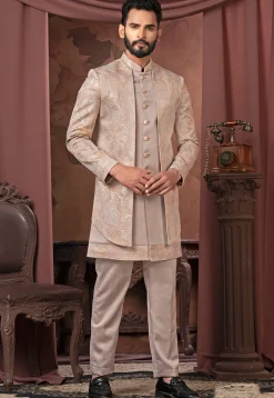 Embroidered Satin Sherwani in Fawn