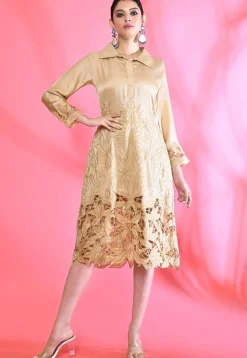 Embroidered Satin Silk Aline Dress in Beige