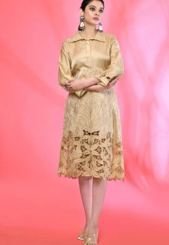 Embroidered Satin Silk Aline Dress in Beige