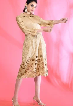 Embroidered Satin Silk Aline Dress in Beige