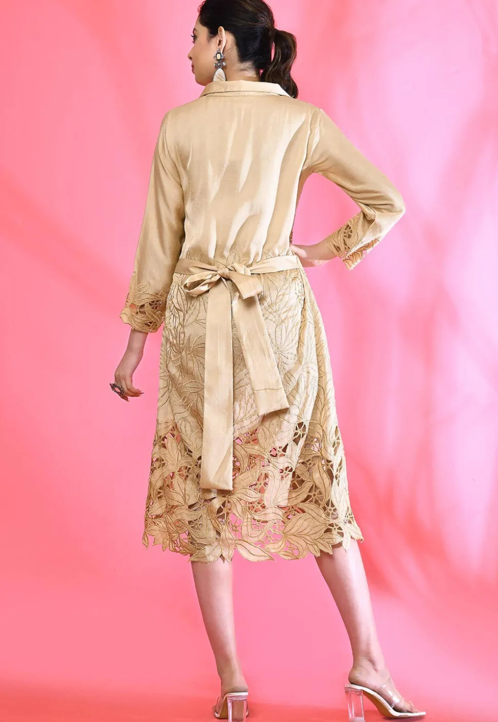 Embroidered Satin Silk Aline Dress in Beige