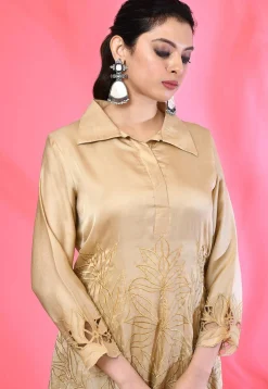 Embroidered Satin Silk Aline Dress in Beige