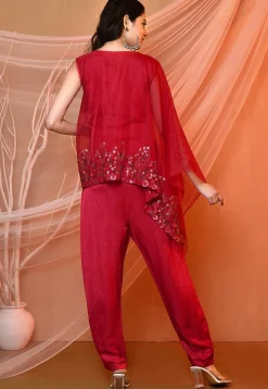 Embroidered Satin Silk and Tissue Jumpsuit in Red
