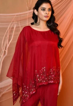 Embroidered Satin Silk and Tissue Jumpsuit in Red