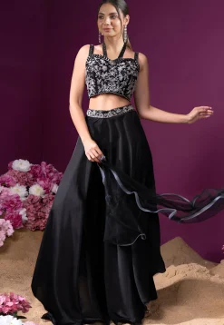 Embroidered Satin Silk Crop Top Set in Black