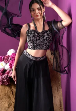 Embroidered Satin Silk Crop Top Set in Black
