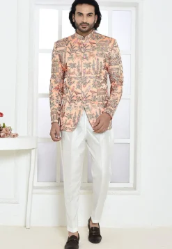 Embroidered Satin Silk Jodhpuri Suit in Peach