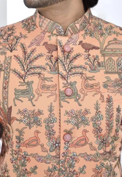 Embroidered Satin Silk Jodhpuri Suit in Peach