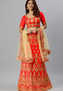 Embroidered Satin Silk Lehenga in Red