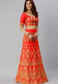 Embroidered Satin Silk Lehenga in Red