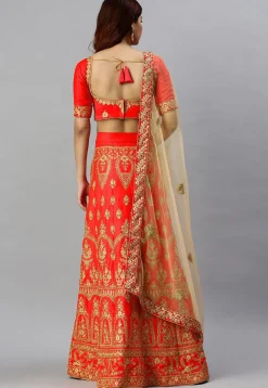 Embroidered Satin Silk Lehenga in Red