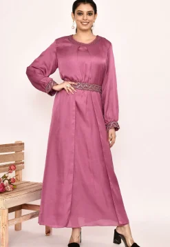 Embroidered Satin Silk Maxi Dress in Pink