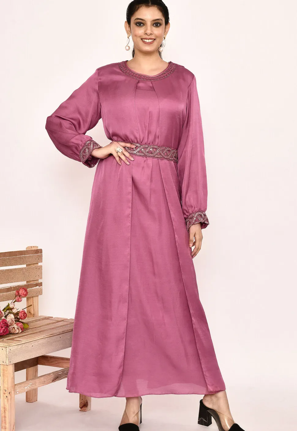 Embroidered Satin Silk Maxi Dress in Pink