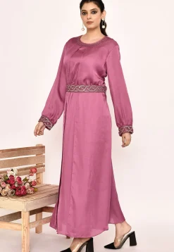 Embroidered Satin Silk Maxi Dress in Pink