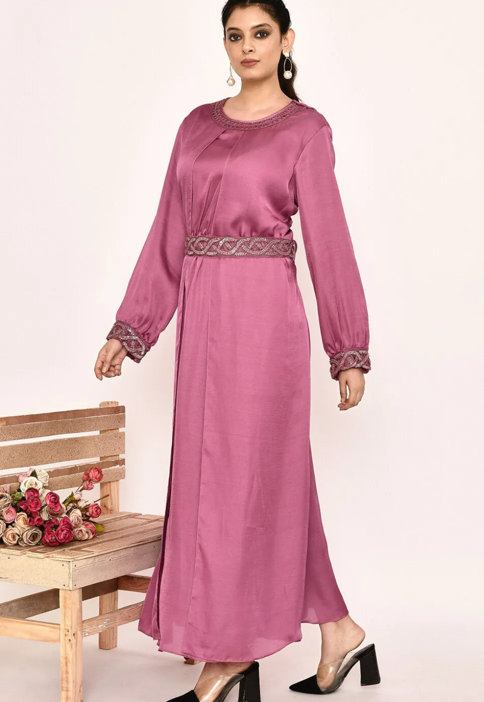 Embroidered Satin Silk Maxi Dress in Pink