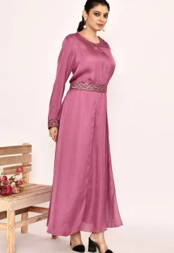 Embroidered Satin Silk Maxi Dress in Pink