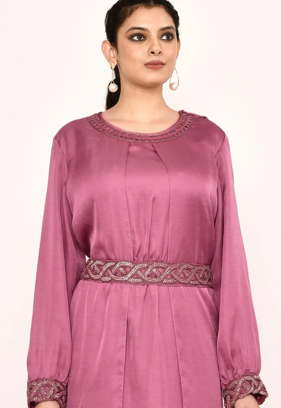 Embroidered Satin Silk Maxi Dress in Pink
