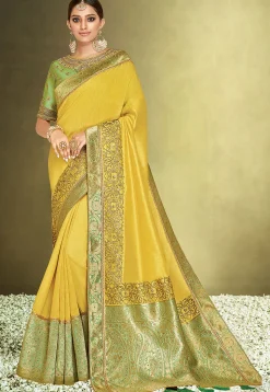 Embroidered Satin Silk Saree in Yellow