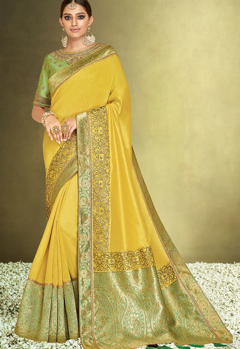 Embroidered Satin Silk Saree in Yellow