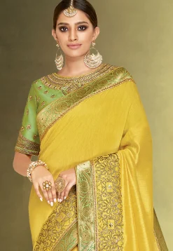 Embroidered Satin Silk Saree in Yellow
