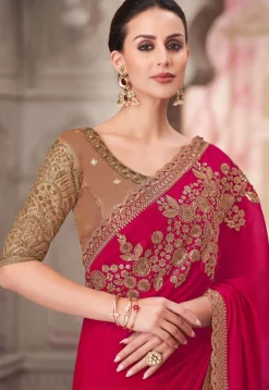 Embroidered Satin Silk Scalloped Saree in Fuchsia