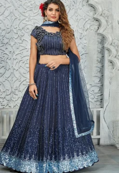 Embroidered Satin Silk Scalloped Lehenga in Navy Blue