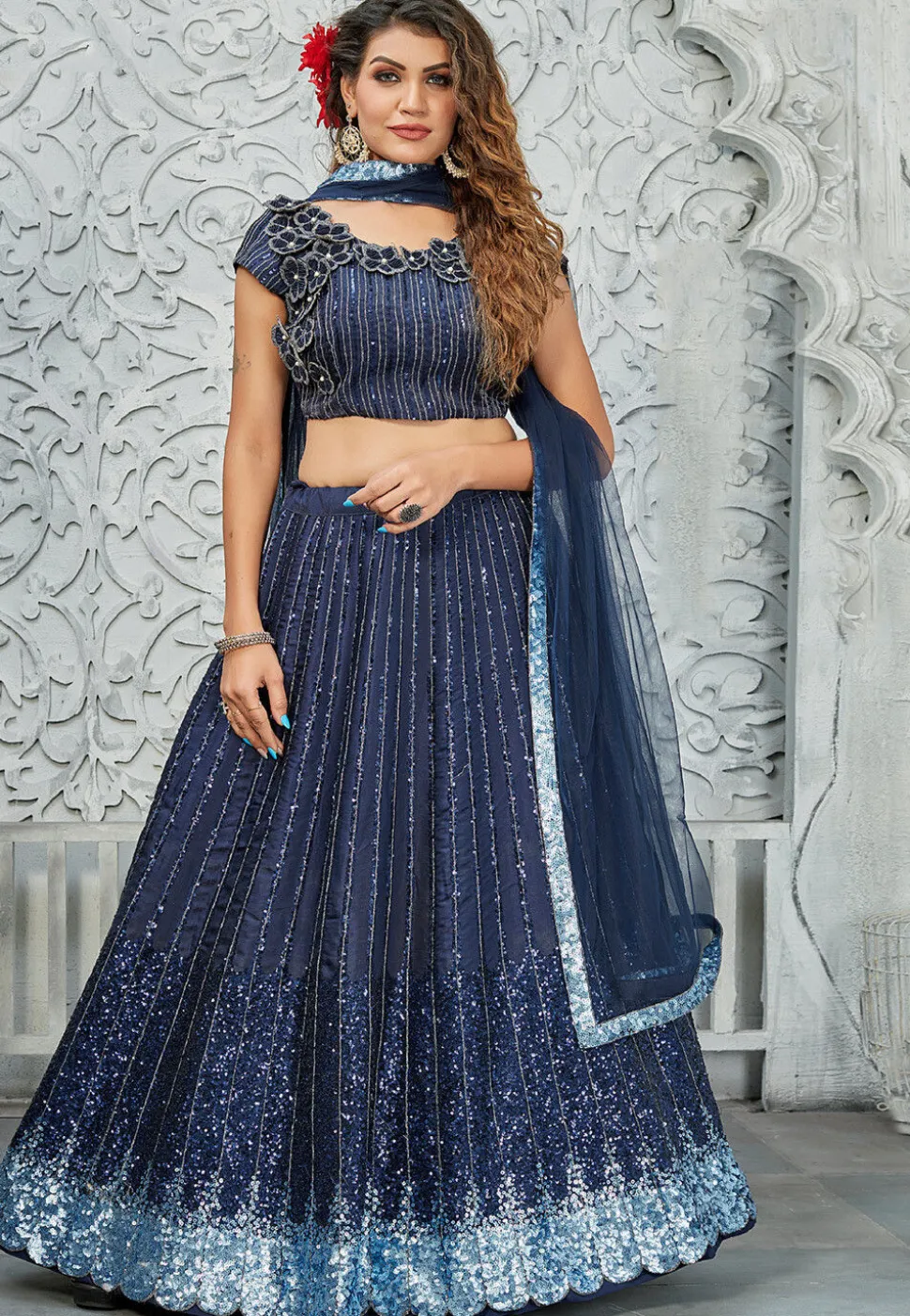Embroidered Satin Silk Scalloped Lehenga in Navy Blue