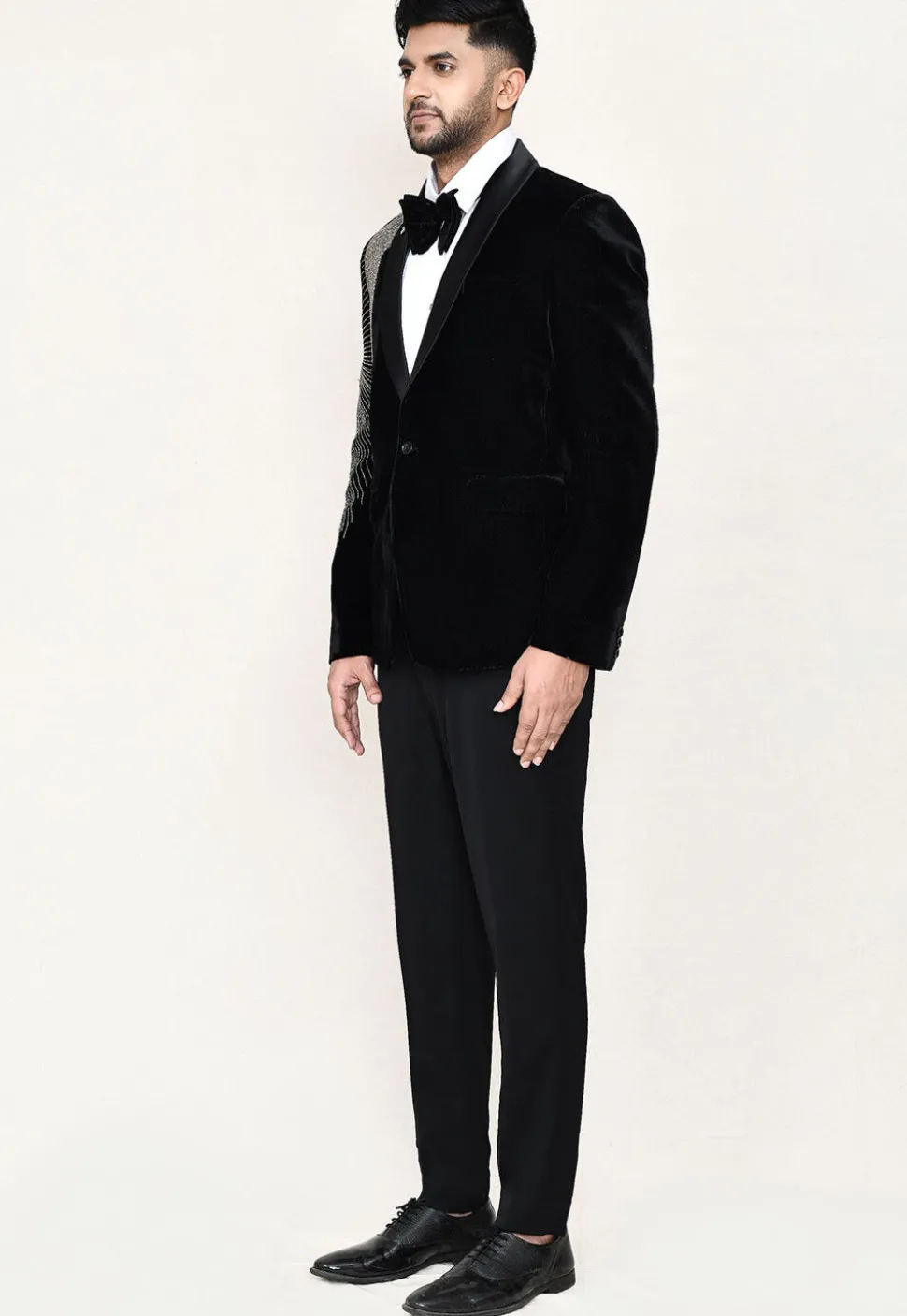 Embroidered Satin Silk Tuxedo in Off White