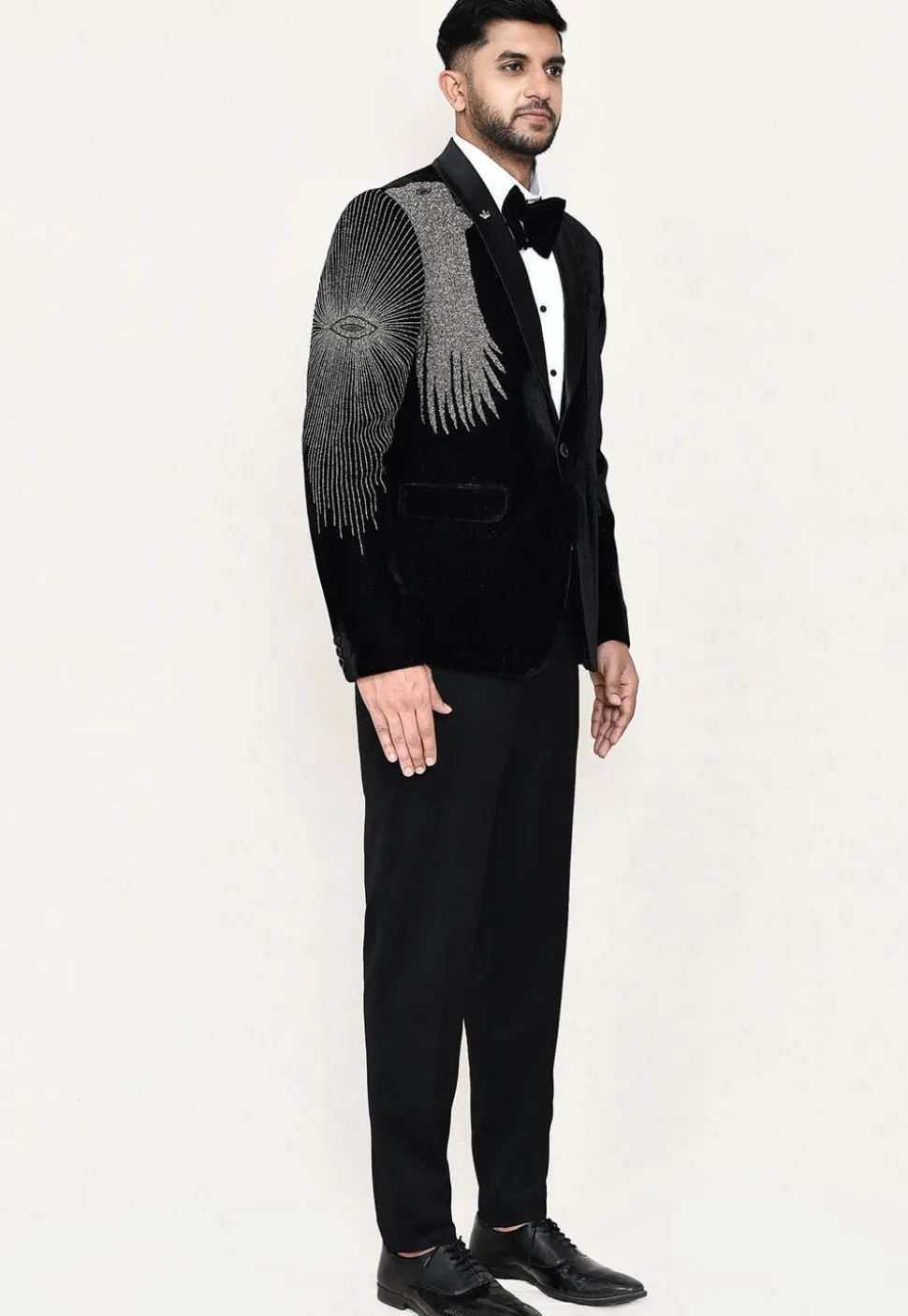 Embroidered Satin Silk Tuxedo in Off White