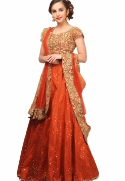 Embroidered Scalloped Art Silk Lehenga in Rust