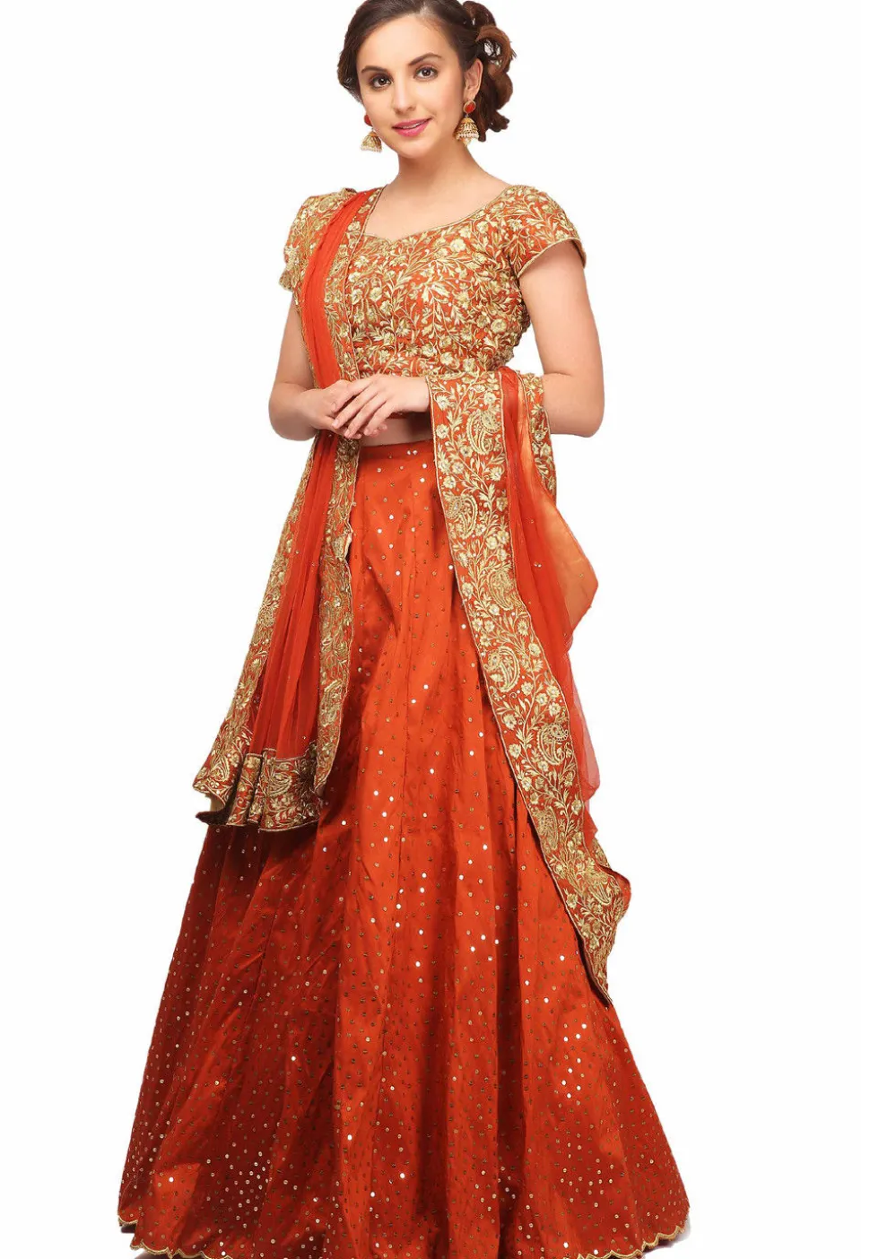 Embroidered Scalloped Art Silk Lehenga in Rust