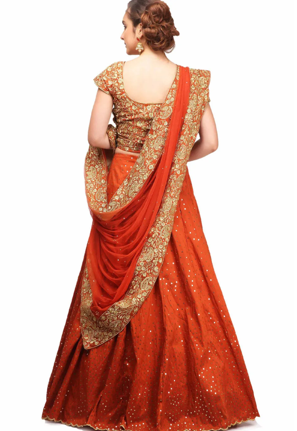 Embroidered Scalloped Art Silk Lehenga in Rust