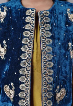 Embroidered Shantoon Asymmetric Kurta Set in Green and Blue