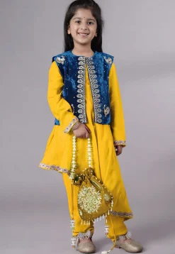 Embroidered Shantoon Asymmetric Kurta Set in Yellow and Blue
