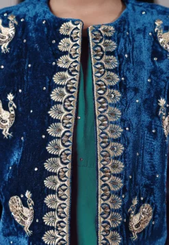 Embroidered Shantoon Asymmetric Kurta Set in Green and Blue