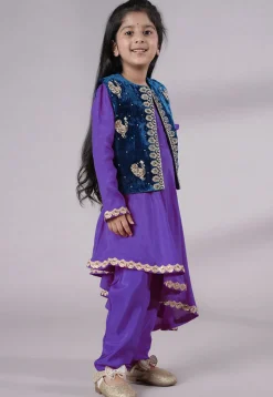 Embroidered Shantoon Asymmetric Kurta Set in Purple and Blue