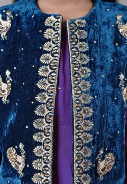 Embroidered Shantoon Asymmetric Kurta Set in Purple and Blue