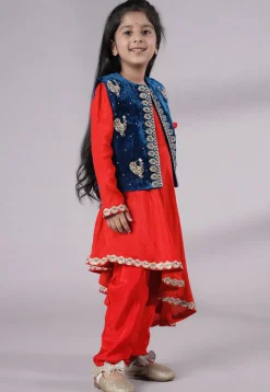 Embroidered Shantoon Asymmetric Kurta Set in Red and Teal Blue