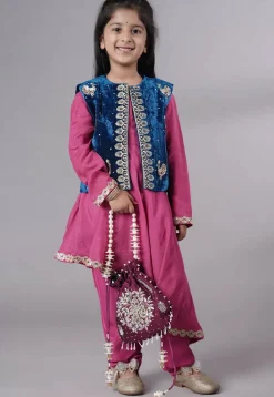Embroidered Shantoon Asymmetric Kurta Set in Pink