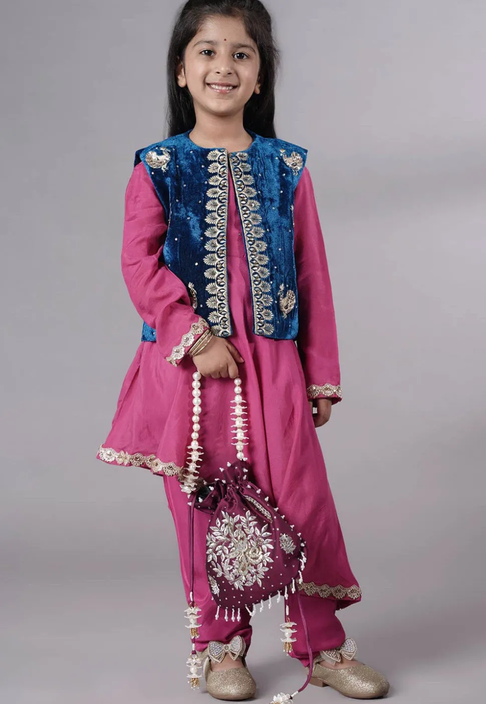 Embroidered Shantoon Asymmetric Kurta Set in Pink