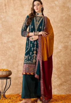 Embroidered Shantoon Lehenga in Teal Green