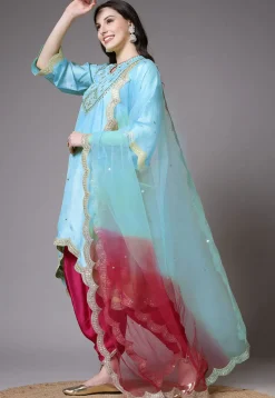 Embroidered Shantoon Scalloped Punjabi Suit in Sky Blue