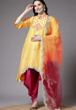 Embroidered Shantoon Scalloped Punjabi Suit in Yellow