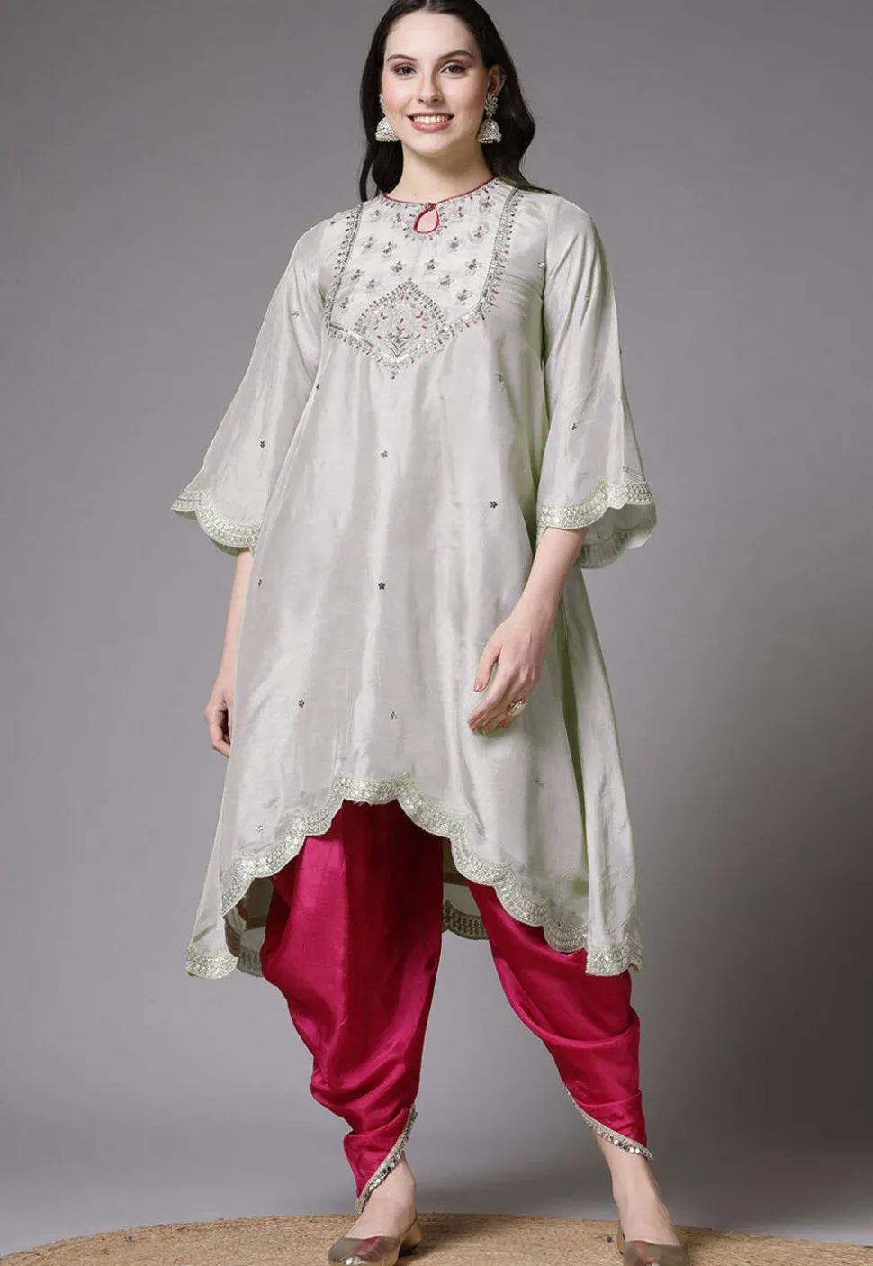 Embroidered Shantoon Scalloped Punjabi Suit in Grey