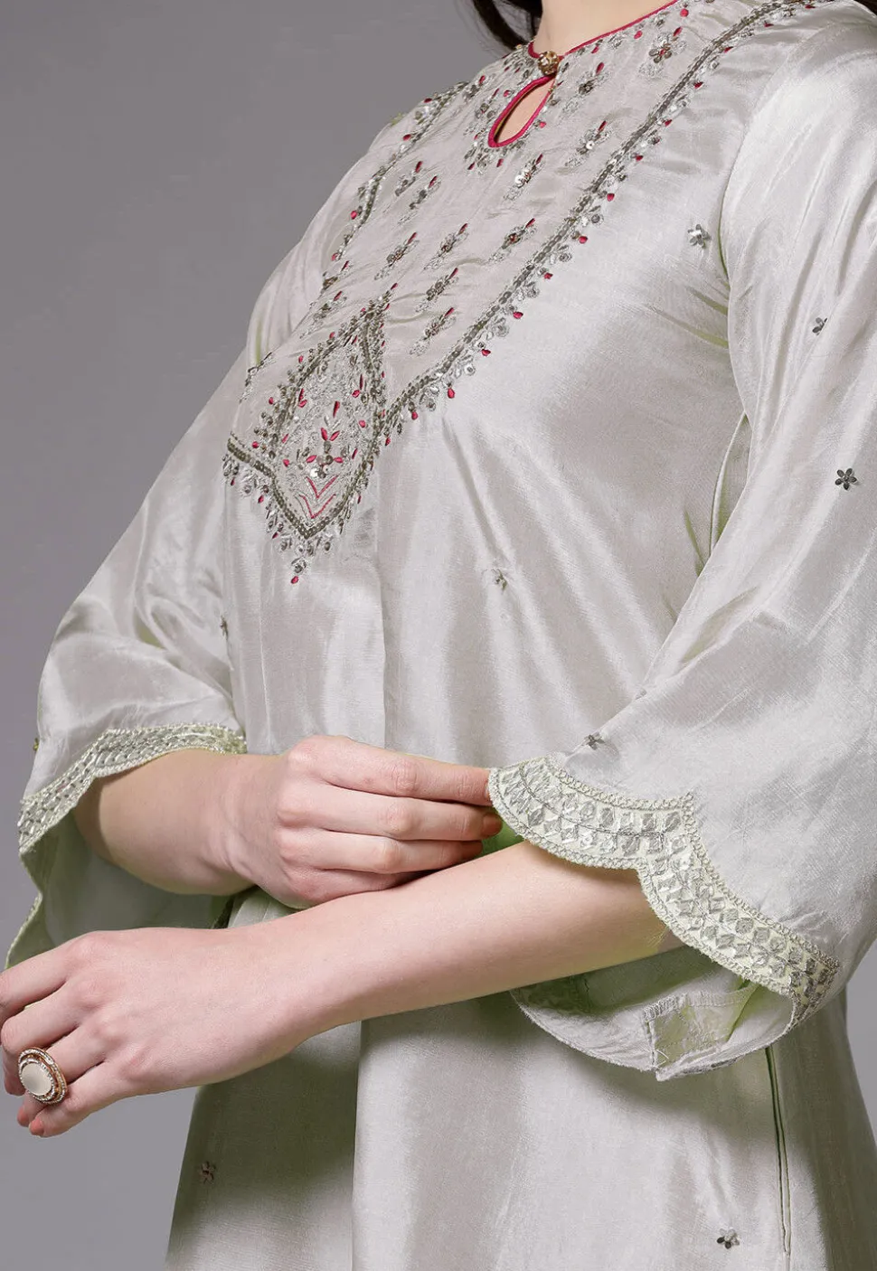 Embroidered Shantoon Scalloped Punjabi Suit in Grey